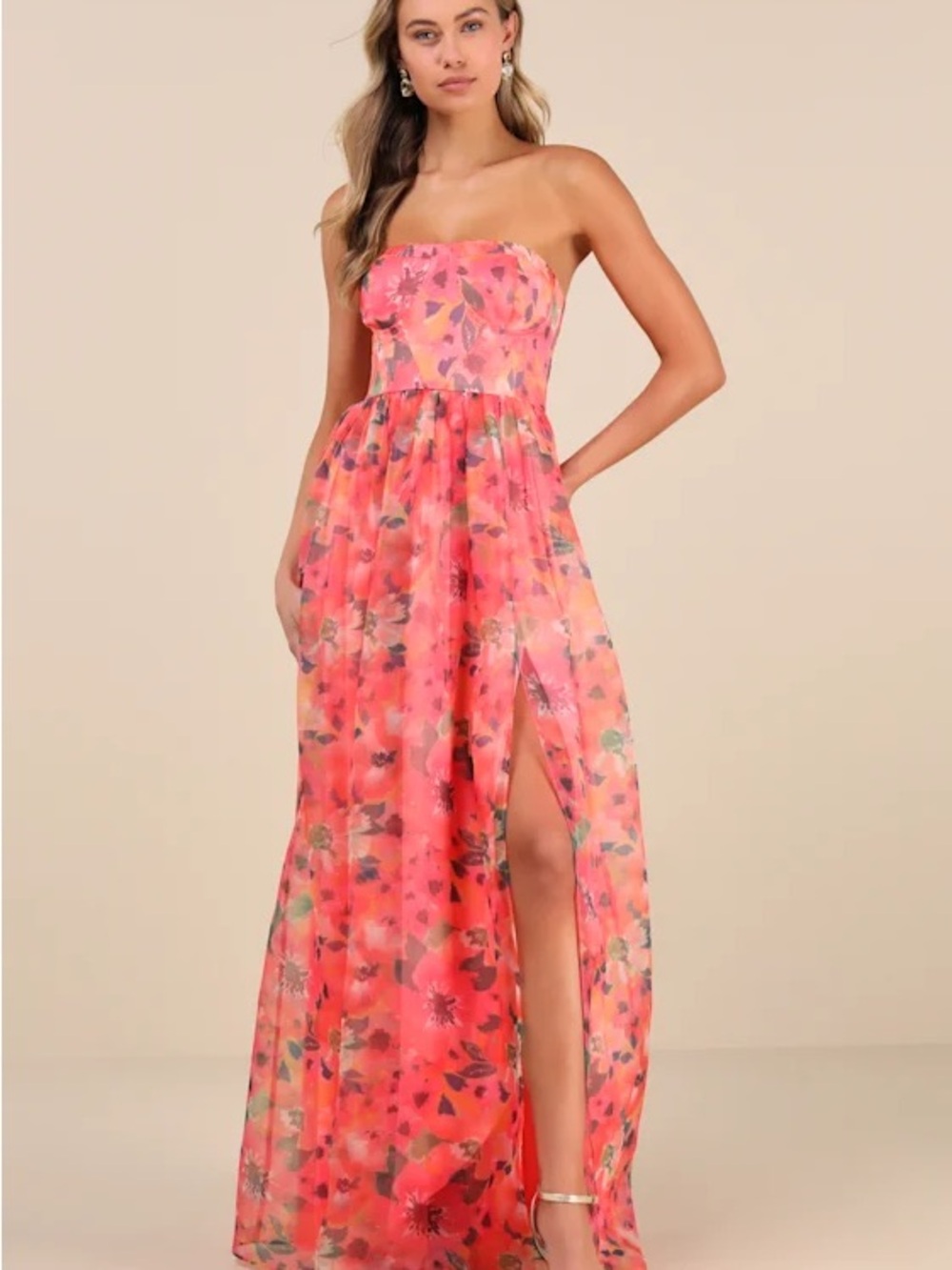 NWT Lulus Wonderful Waltz Coral Floral Print Strapless Bustier Maxi Dress 3X